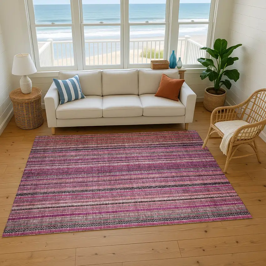 Pink Gray And Mauve Striped Washable Area Rug With UV Protection Photo 4
