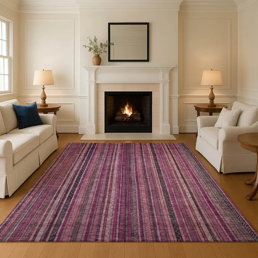 Pink Gray And Mauve Striped Washable Area Rug With UV Protection Photo 3