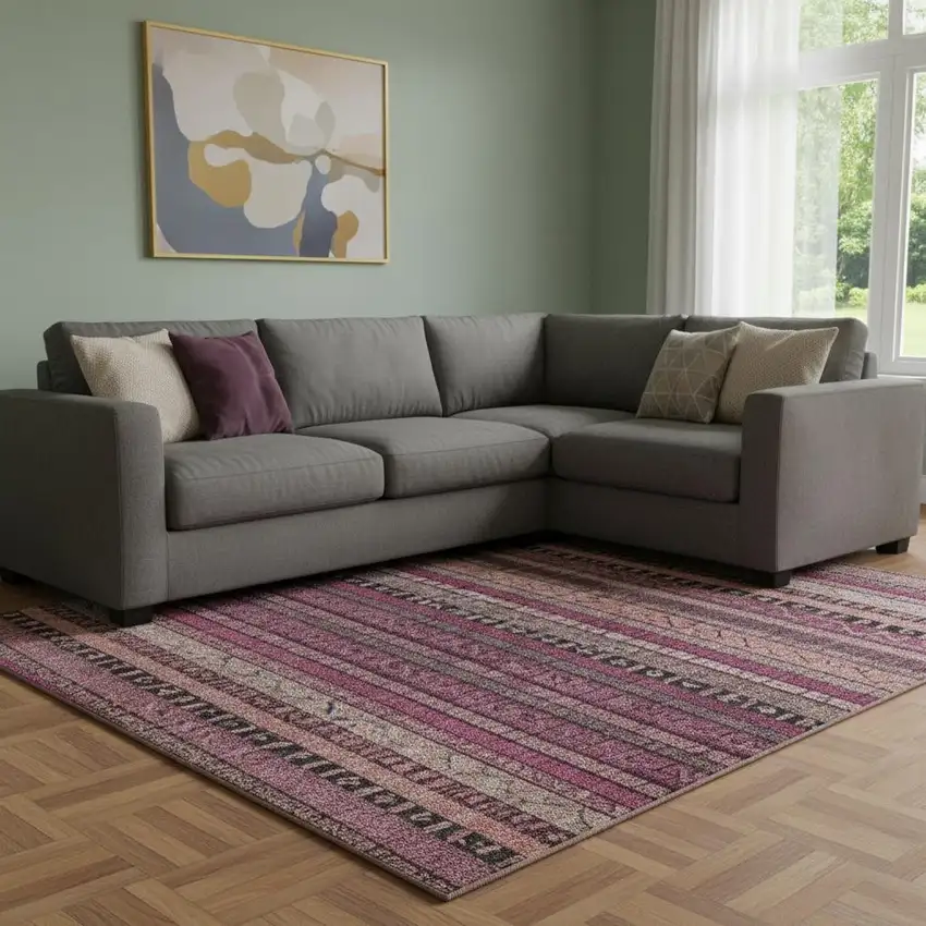 Pink Gray And Mauve Striped Washable Area Rug With UV Protection Photo 2