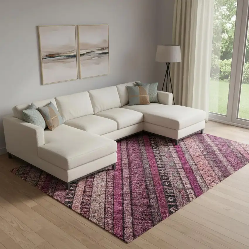 Pink Gray And Mauve Striped Washable Area Rug With UV Protection Photo 2