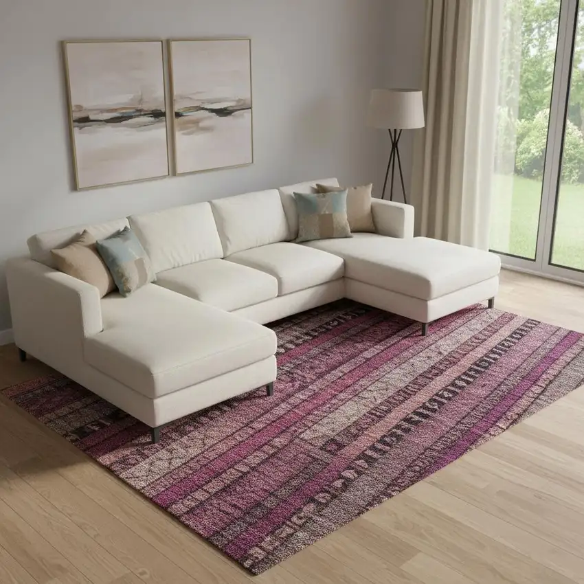 Pink Gray And Mauve Striped Washable Area Rug With UV Protection Photo 2