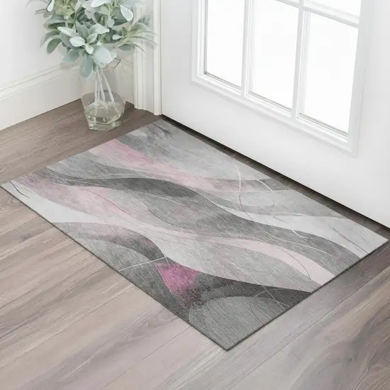 Pink Gray And Silver Abstract Washable Area Rug With UV Protection Photo 2