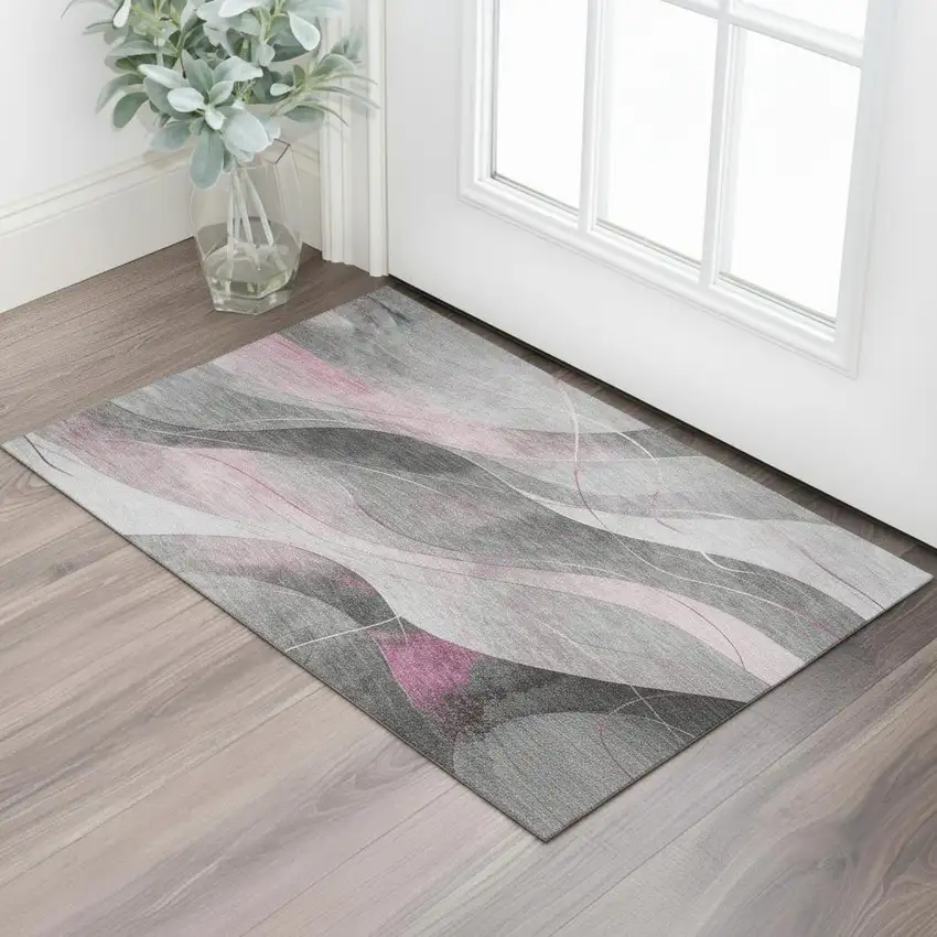 Pink Gray And Silver Abstract Washable Area Rug With UV Protection Photo 2