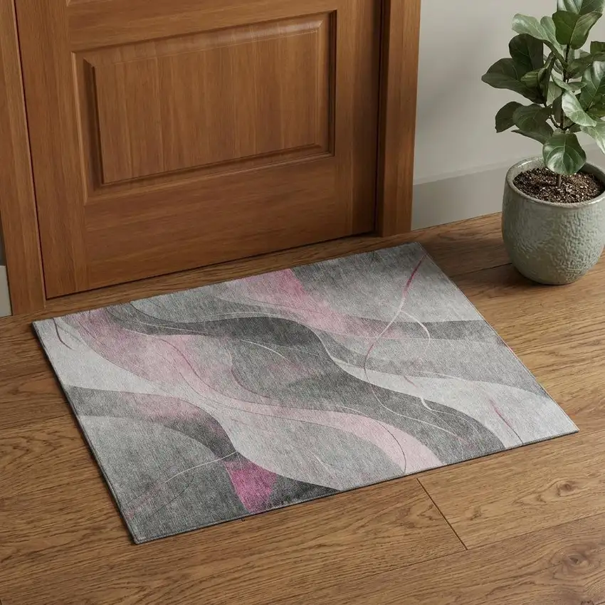 Pink Gray And Silver Abstract Washable Area Rug With UV Protection Photo 1