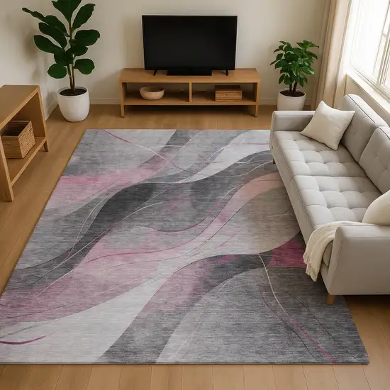 Pink Gray And Silver Abstract Washable Area Rug With UV Protection Photo 4