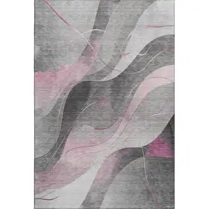 Photo of Pink Gray And Silver Abstract Washable Area Rug With UV Protection