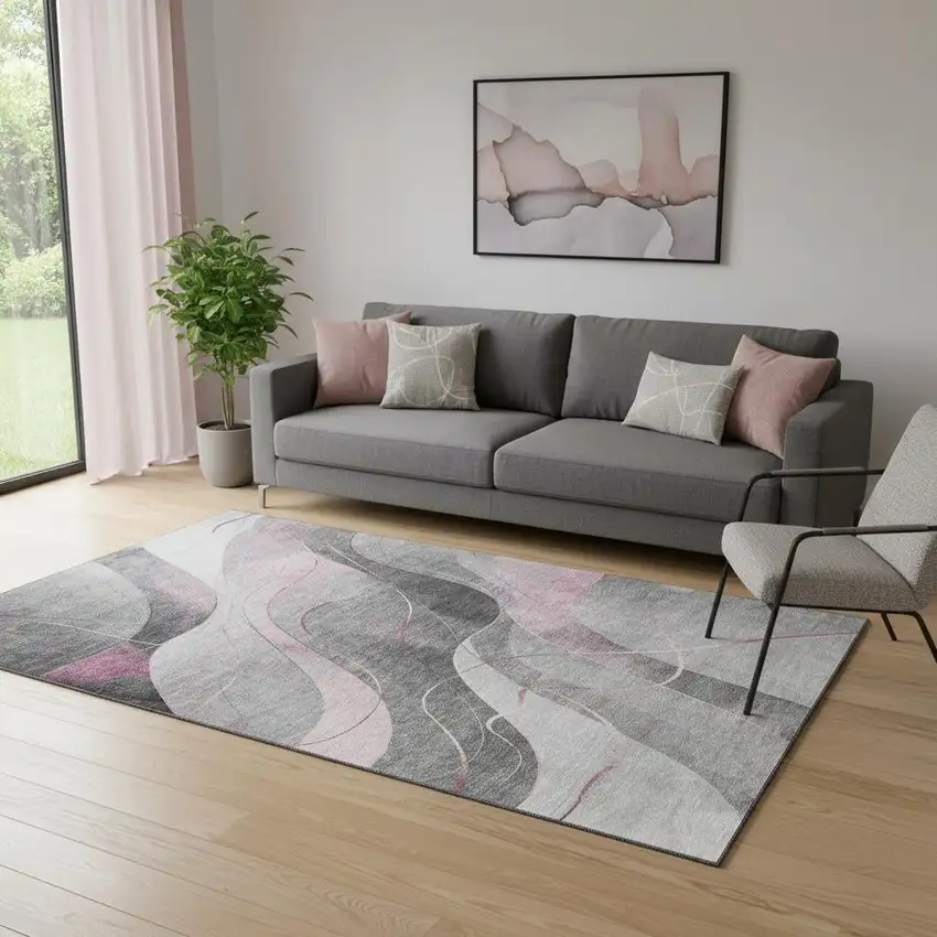Pink Gray And Silver Abstract Washable Area Rug With UV Protection Photo 2