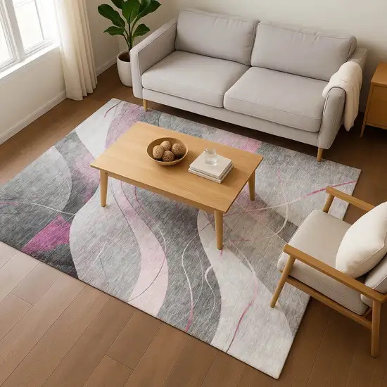 Pink Gray And Silver Abstract Washable Area Rug With UV Protection Photo 5
