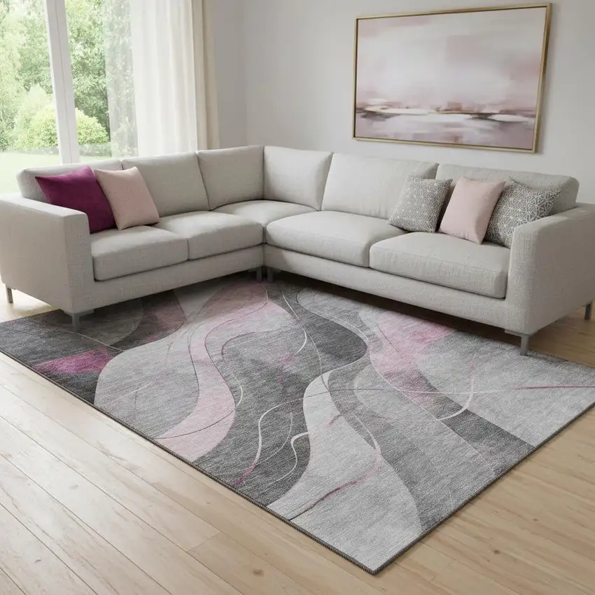 Pink Gray And Silver Abstract Washable Area Rug With UV Protection Photo 2