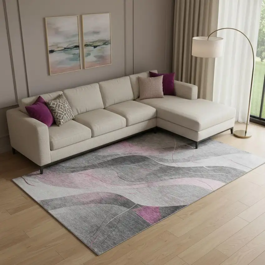 Pink Gray And Silver Abstract Washable Area Rug With UV Protection Photo 2