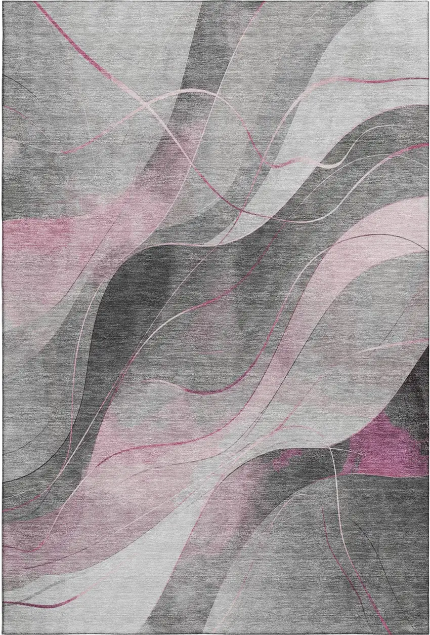 Pink Gray And Silver Abstract Washable Area Rug With UV Protection Photo 1