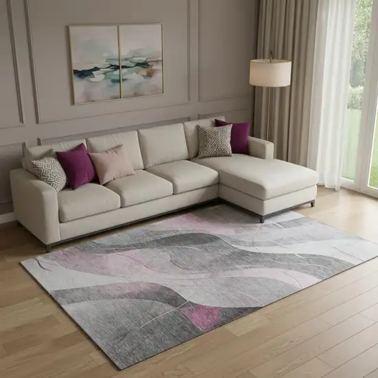 Pink Gray And Silver Abstract Washable Area Rug With UV Protection Photo 2