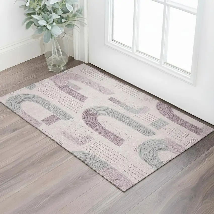 Pink Gray And Silver Geometric Washable Area Rug With UV Protection Photo 2