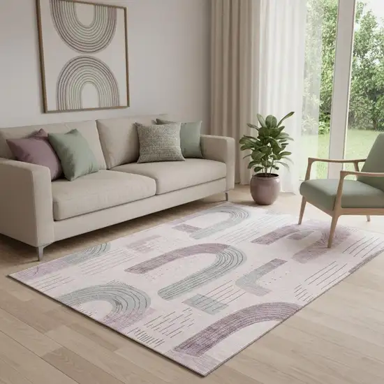 Pink Gray And Silver Geometric Washable Area Rug With UV Protection Photo 2