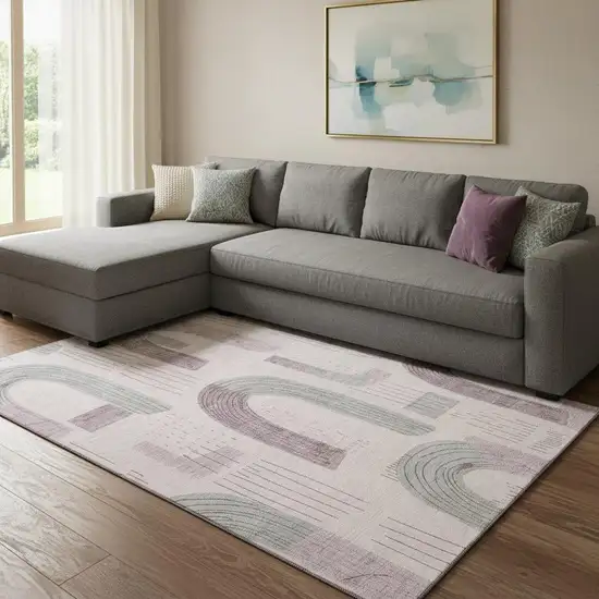 Pink Gray And Silver Geometric Washable Area Rug With UV Protection Photo 2