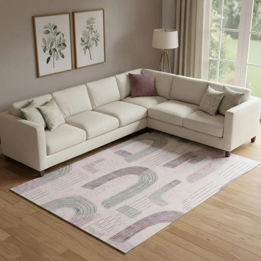 Pink Gray And Silver Geometric Washable Area Rug With UV Protection Photo 1