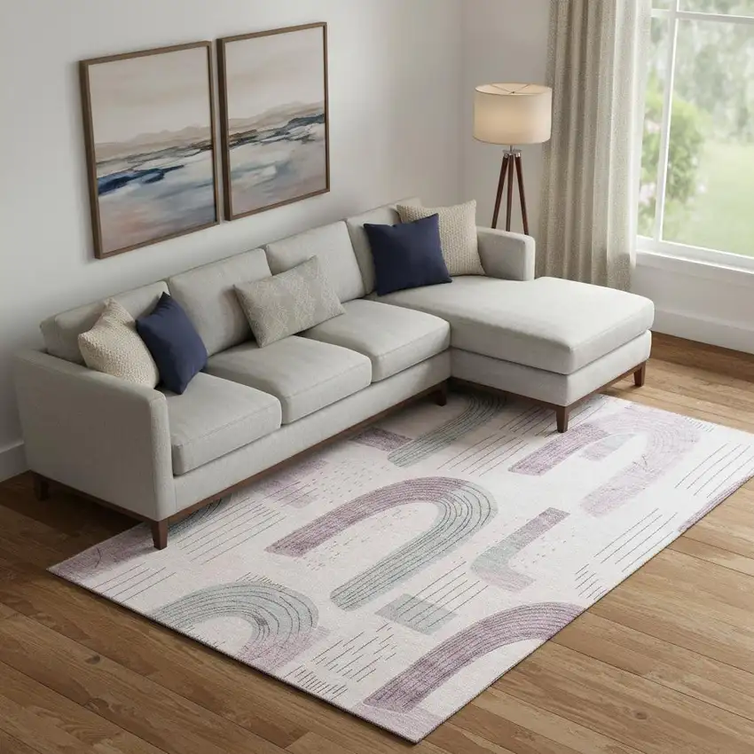 Pink Gray And Silver Geometric Washable Area Rug With UV Protection Photo 2