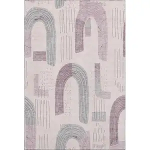 Photo of Pink Gray And Silver Geometric Washable Area Rug With UV Protection