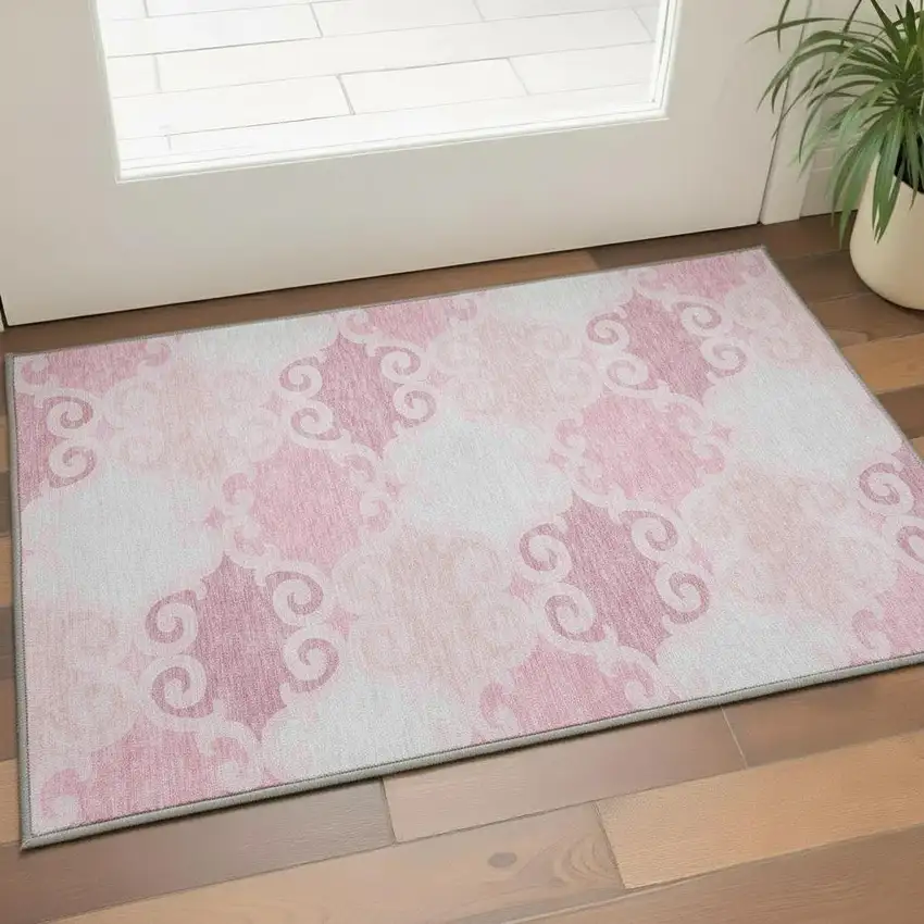 Pink Gray And Silver Trellis Washable Area Rug With UV Protection Photo 2