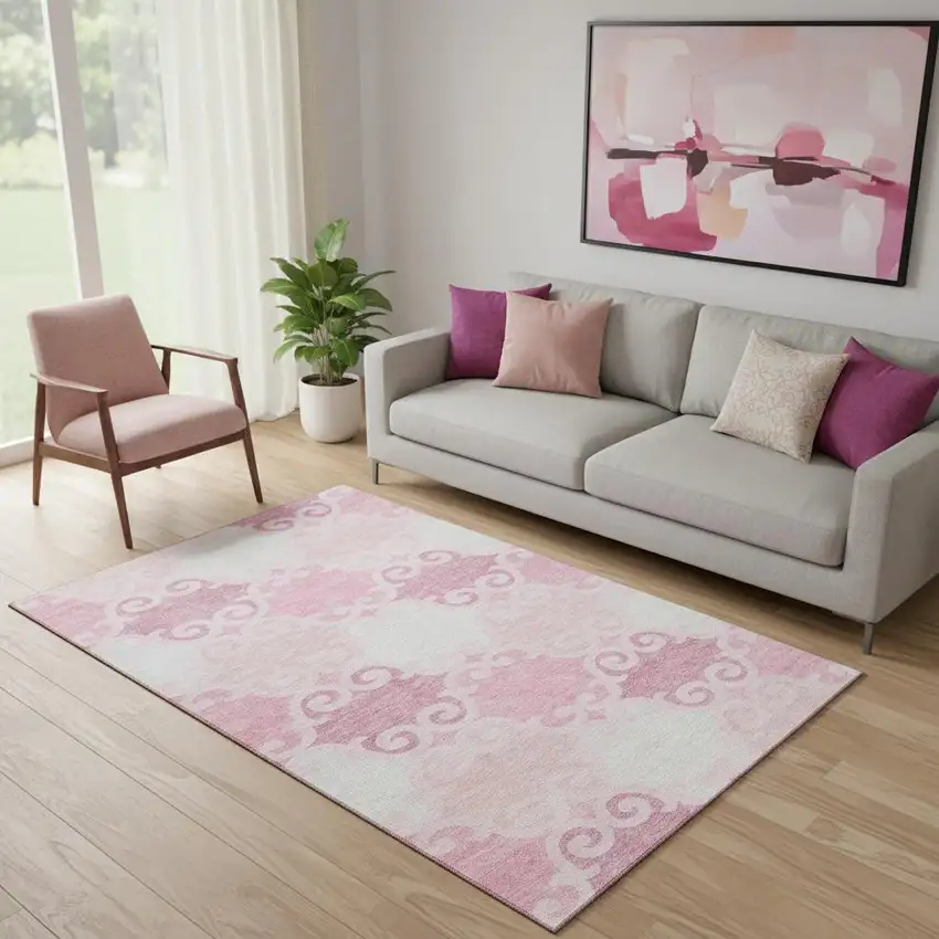 Pink Gray And Silver Trellis Washable Area Rug With UV Protection Photo 1