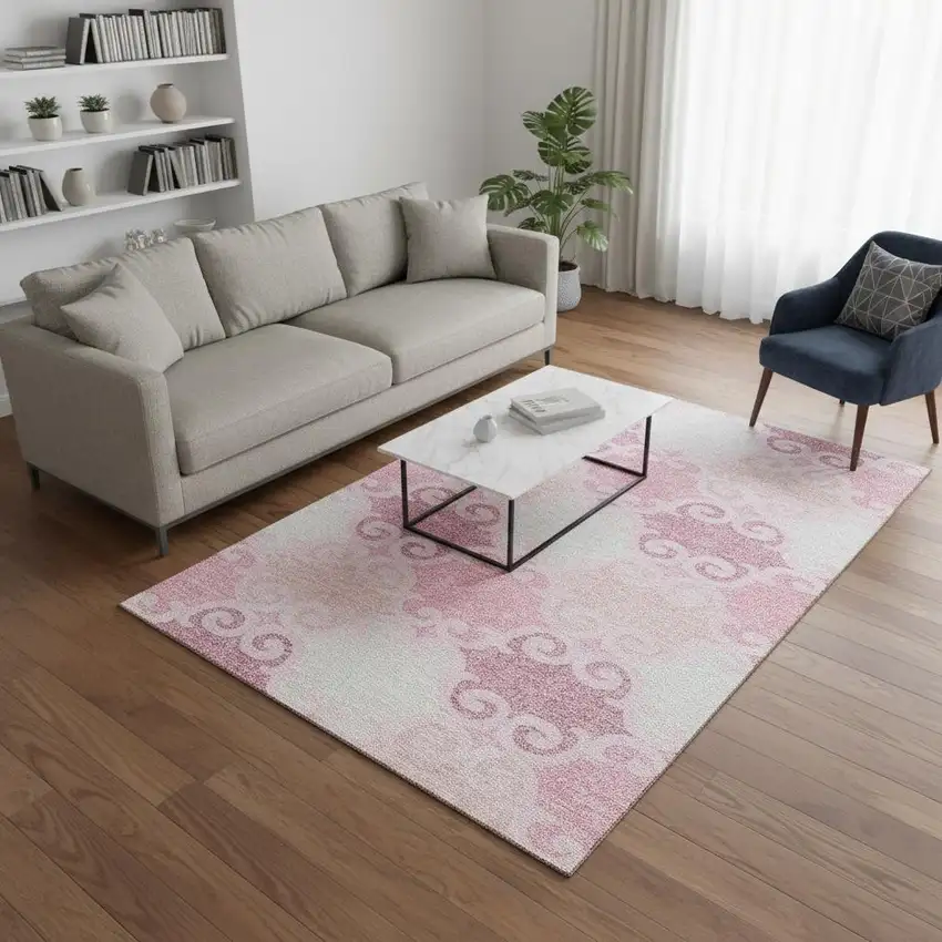 Pink Gray And Silver Trellis Washable Area Rug With UV Protection Photo 2