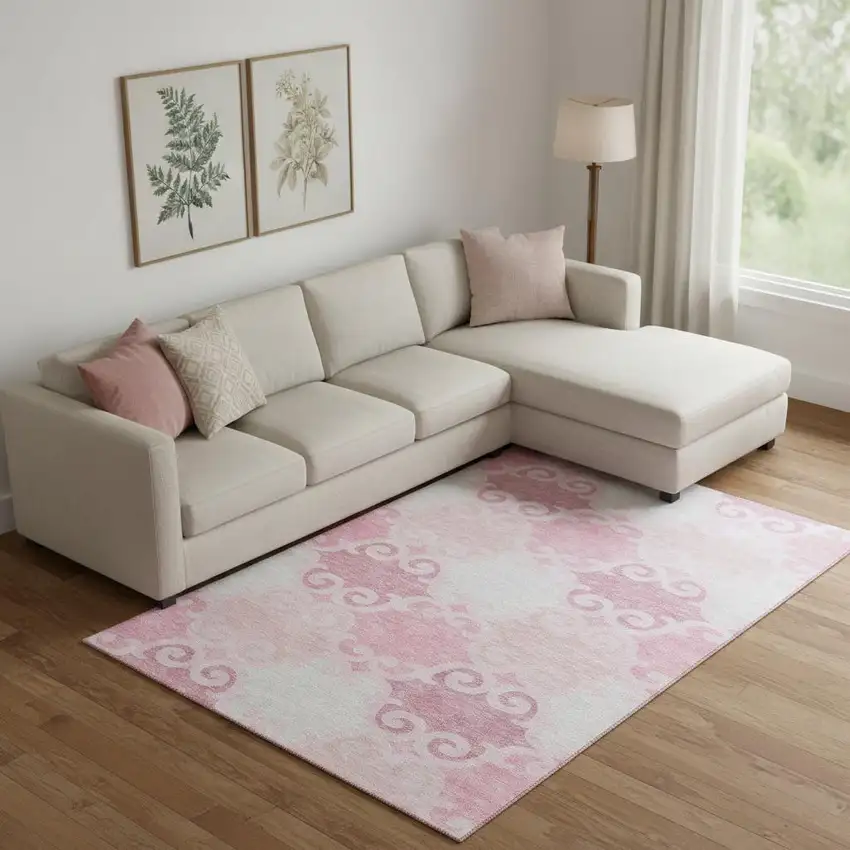 Pink Gray And Silver Trellis Washable Area Rug With UV Protection Photo 1