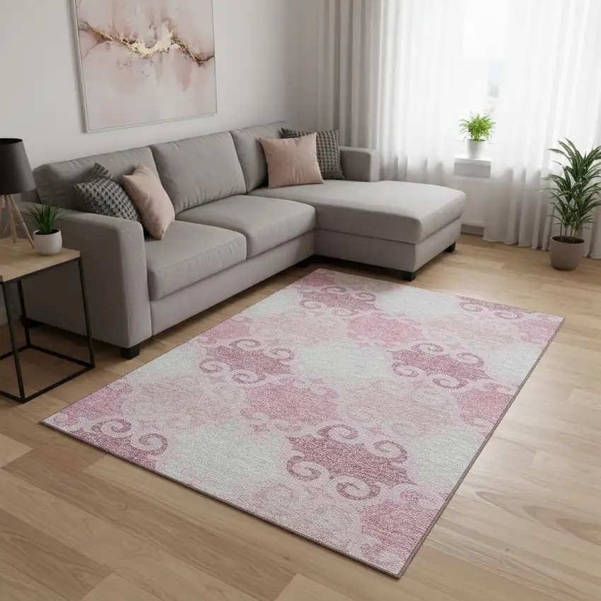 Pink Gray And Silver Trellis Washable Area Rug With UV Protection Photo 2