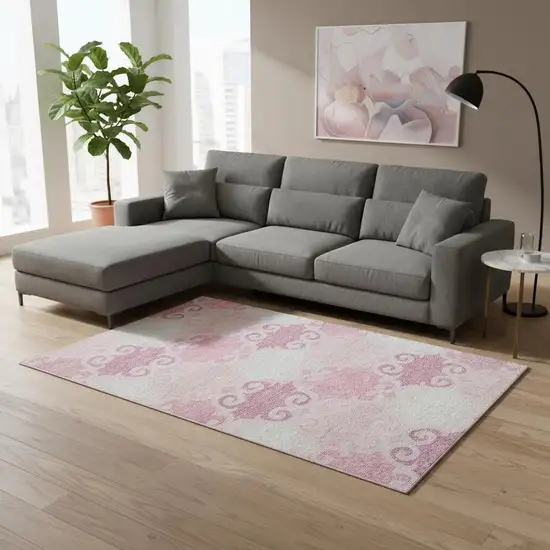 Pink Gray And Silver Trellis Washable Area Rug With UV Protection Photo 2