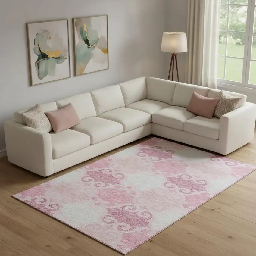 Pink Gray And Silver Trellis Washable Area Rug With UV Protection Photo 1