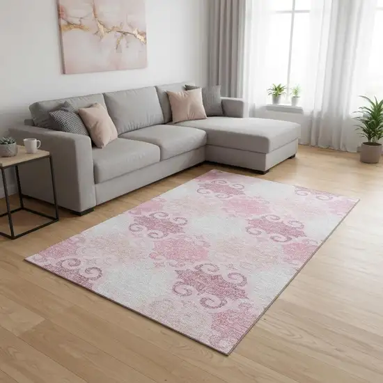 Pink Gray And Silver Trellis Washable Area Rug With UV Protection Photo 2