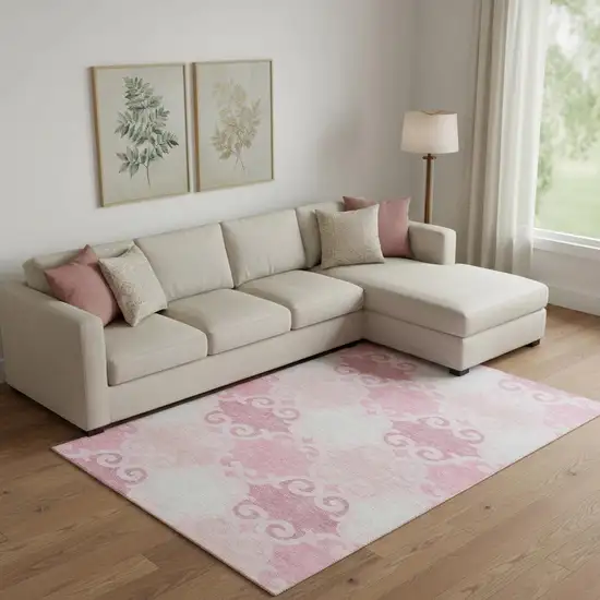 Pink Gray And Silver Trellis Washable Area Rug With UV Protection Photo 1