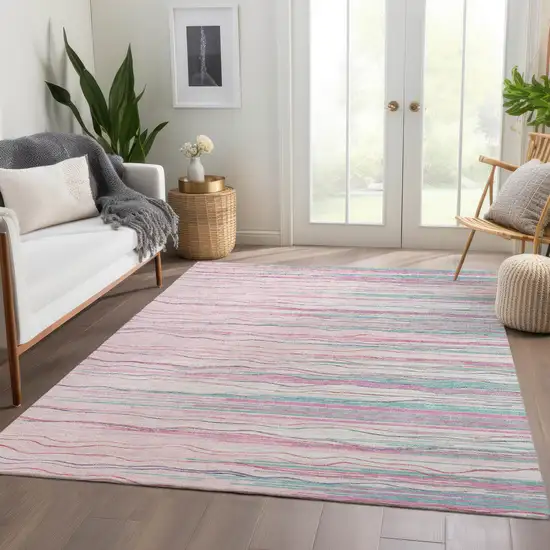 Pink Gray And Teal Striped Washable Area Rug With UV Protection Photo 5