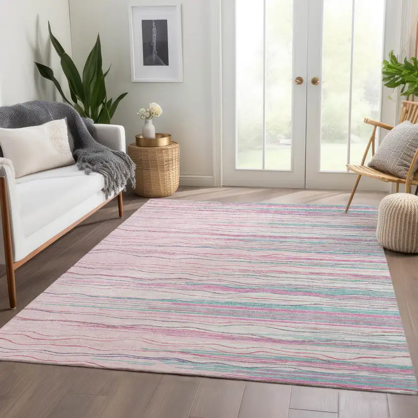 Pink Gray And Teal Striped Washable Area Rug With UV Protection Photo 5