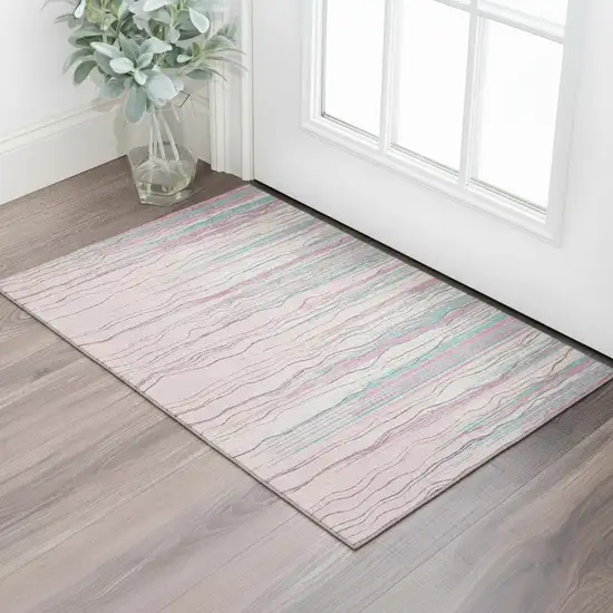 Pink Gray And Teal Striped Washable Area Rug With UV Protection Photo 2