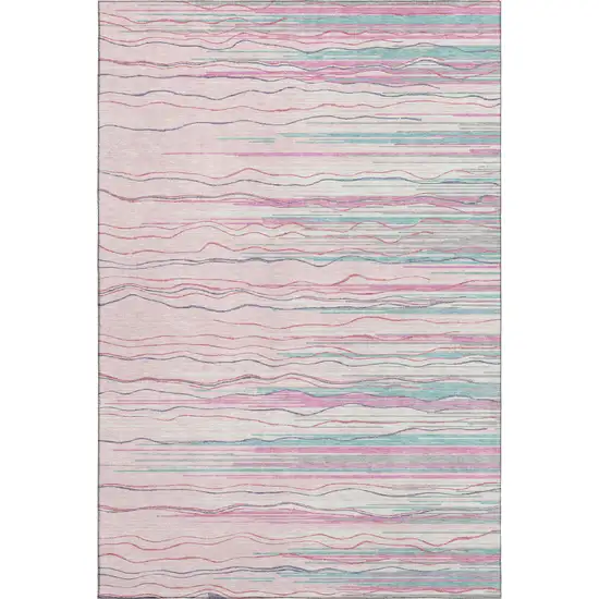 Pink Gray And Teal Striped Washable Area Rug With UV Protection Photo 1