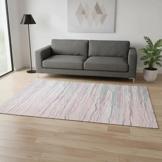 Pink Gray And Teal Striped Washable Area Rug With UV Protection Photo 2