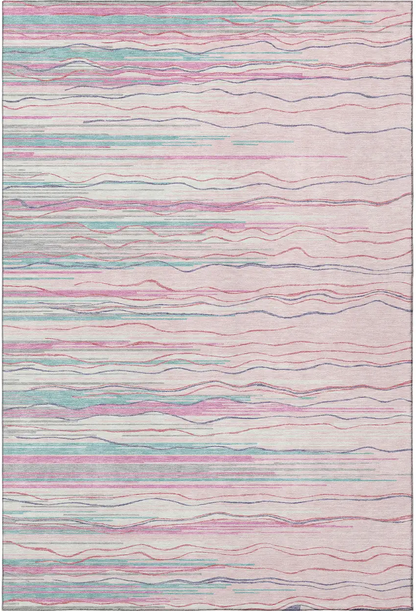 Pink Gray And Teal Striped Washable Area Rug With UV Protection Photo 3