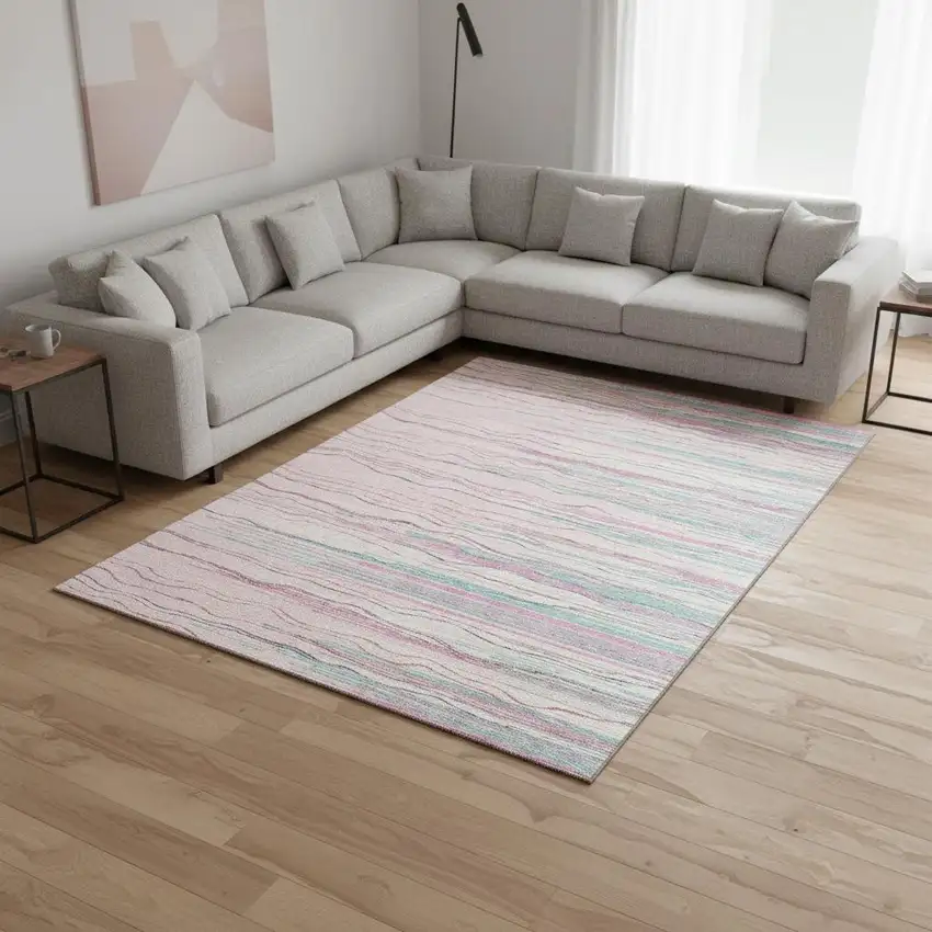 Pink Gray And Teal Striped Washable Area Rug With UV Protection Photo 2