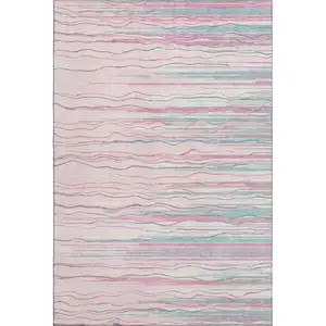 Photo of Pink Gray And Teal Striped Washable Area Rug With UV Protection