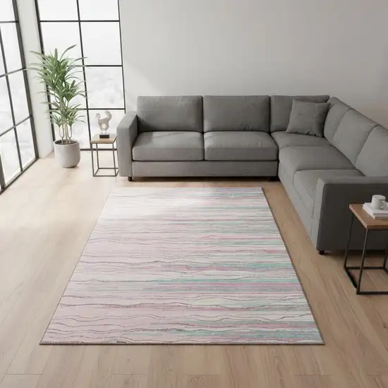 Pink Gray And Teal Striped Washable Area Rug With UV Protection Photo 2