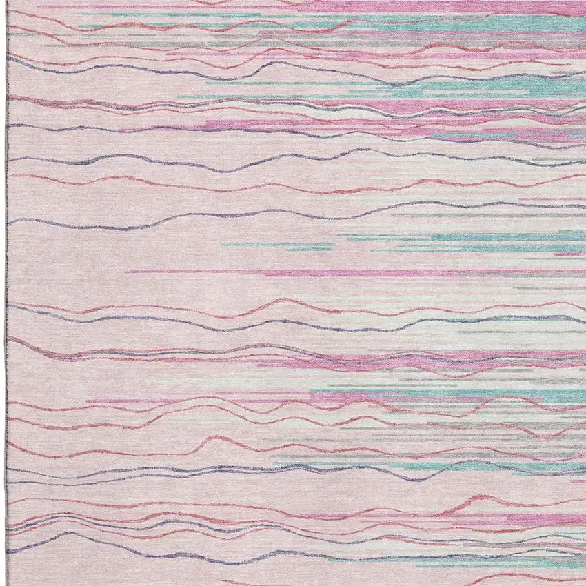 Pink Gray And Teal Striped Washable Area Rug With UV Protection Photo 2