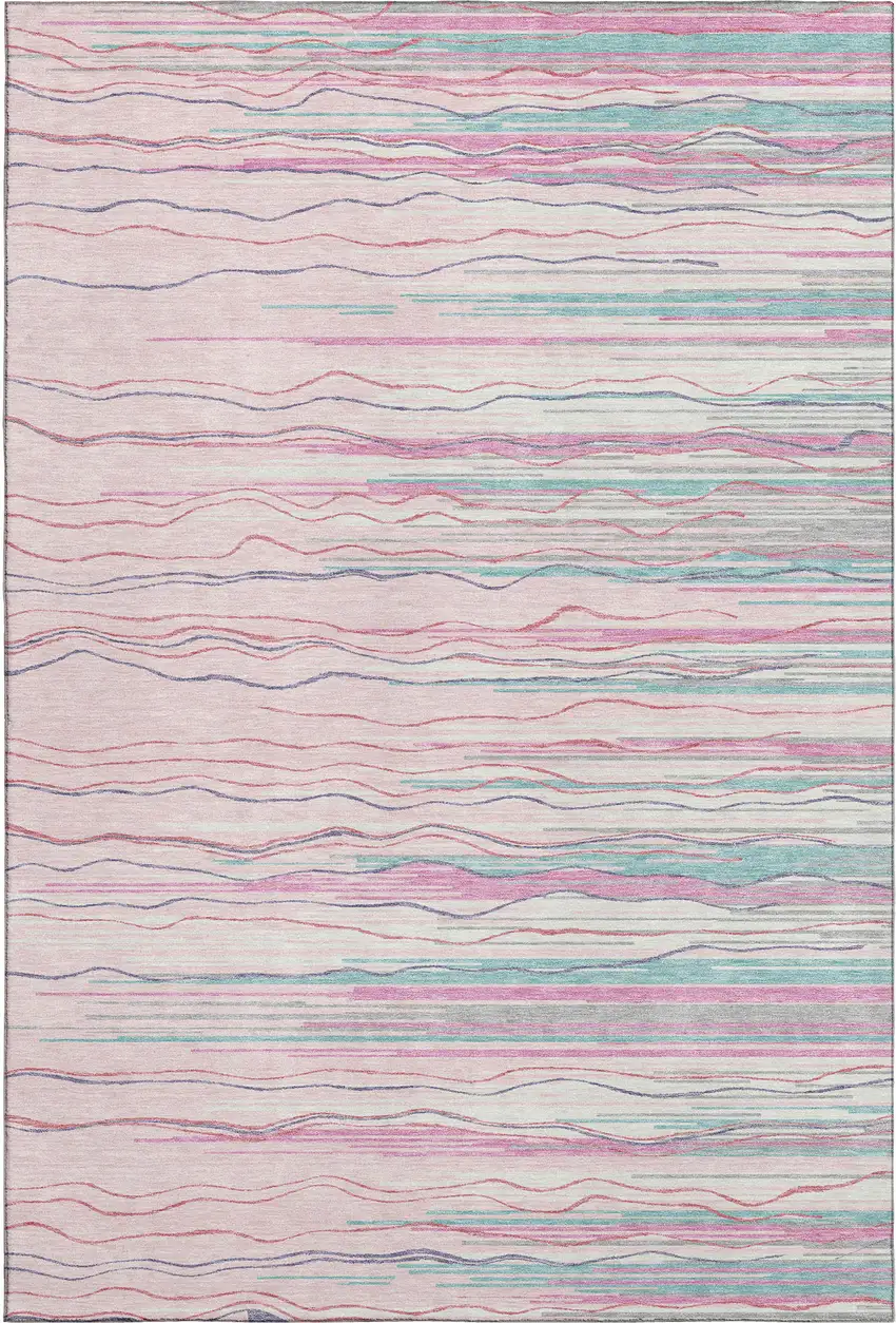 Pink Gray And Teal Striped Washable Area Rug With UV Protection Photo 1