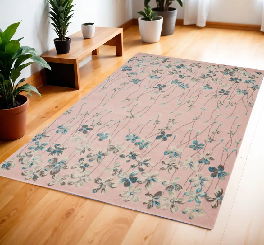 Pink Gray and Blue Botanical Leaves Area Rug Photo 1