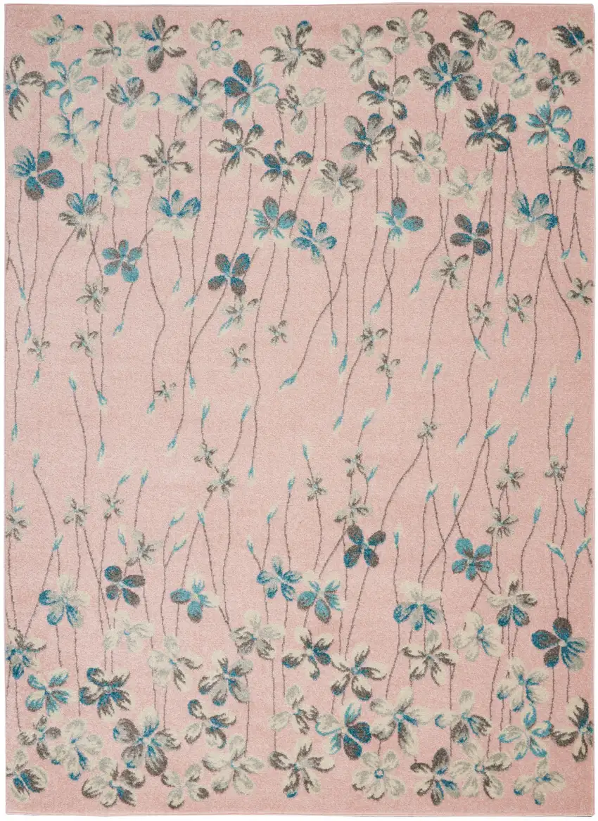 Pink Gray and Blue Botanical Leaves Area Rug Photo 2