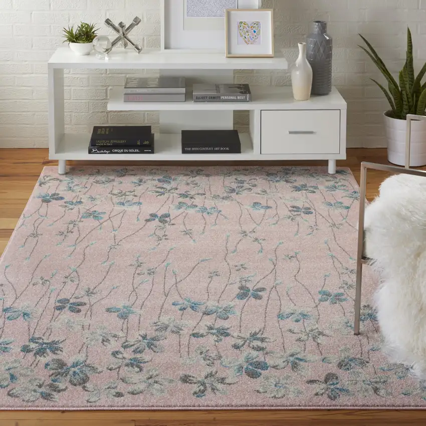 Pink Gray and Blue Botanical Leaves Area Rug Photo 6