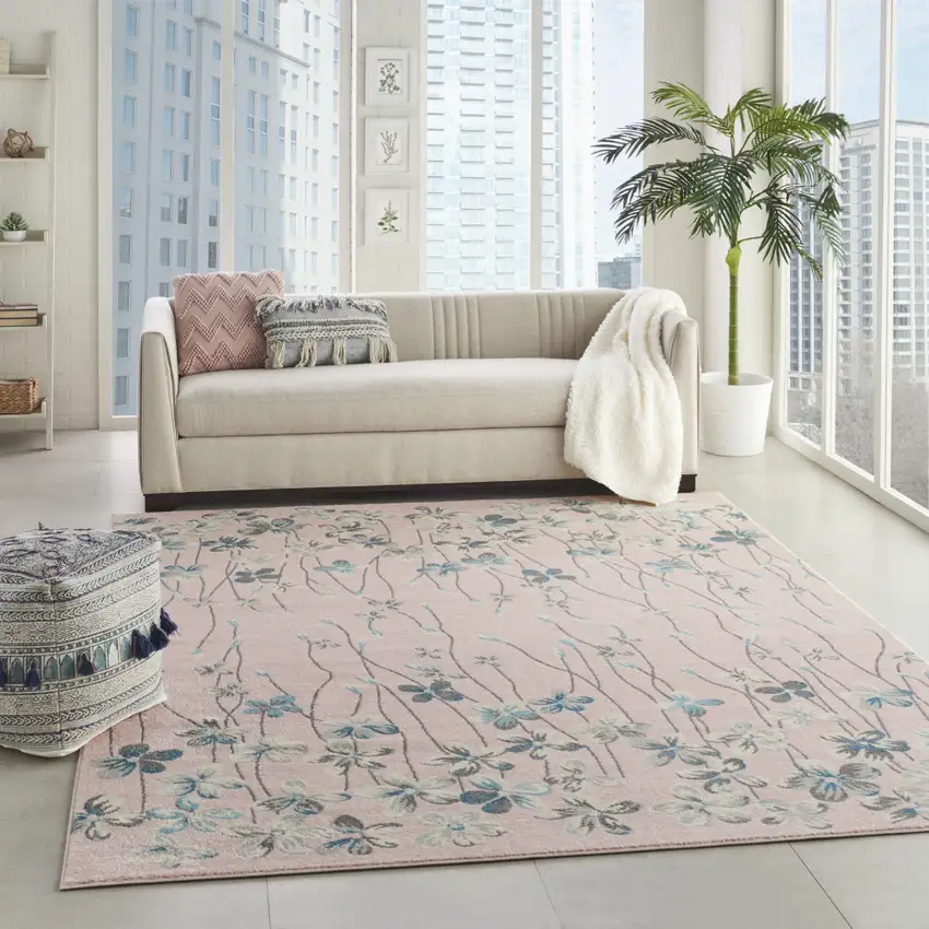 Pink Gray and Blue Floral Area Rug Photo 5