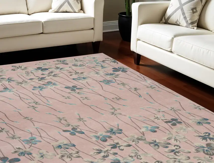 Pink Gray and Blue Floral Area Rug Photo 1