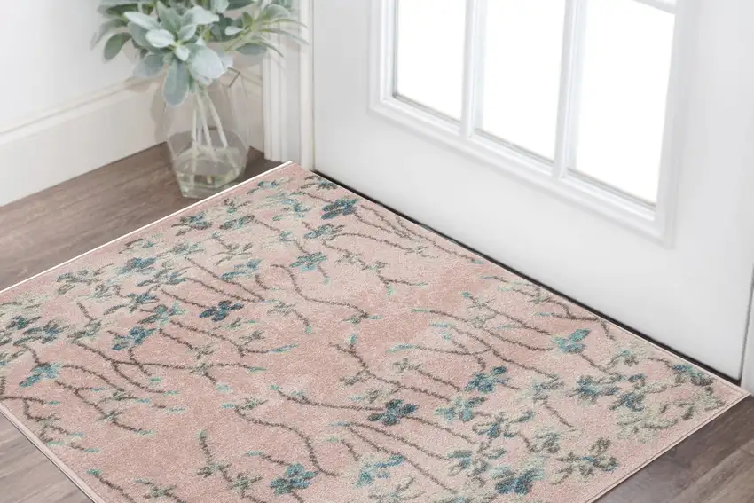 Pink Gray and Blue Floral Area Rug Photo 1