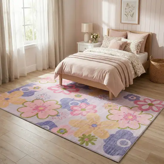 Pink Gray and Purple Juvenile Flowers Youthful Area Rug Photo 6