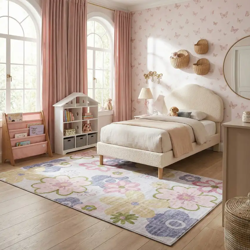 Pink Gray and Purple Juvenile Flowers Youthful Area Rug Photo 9